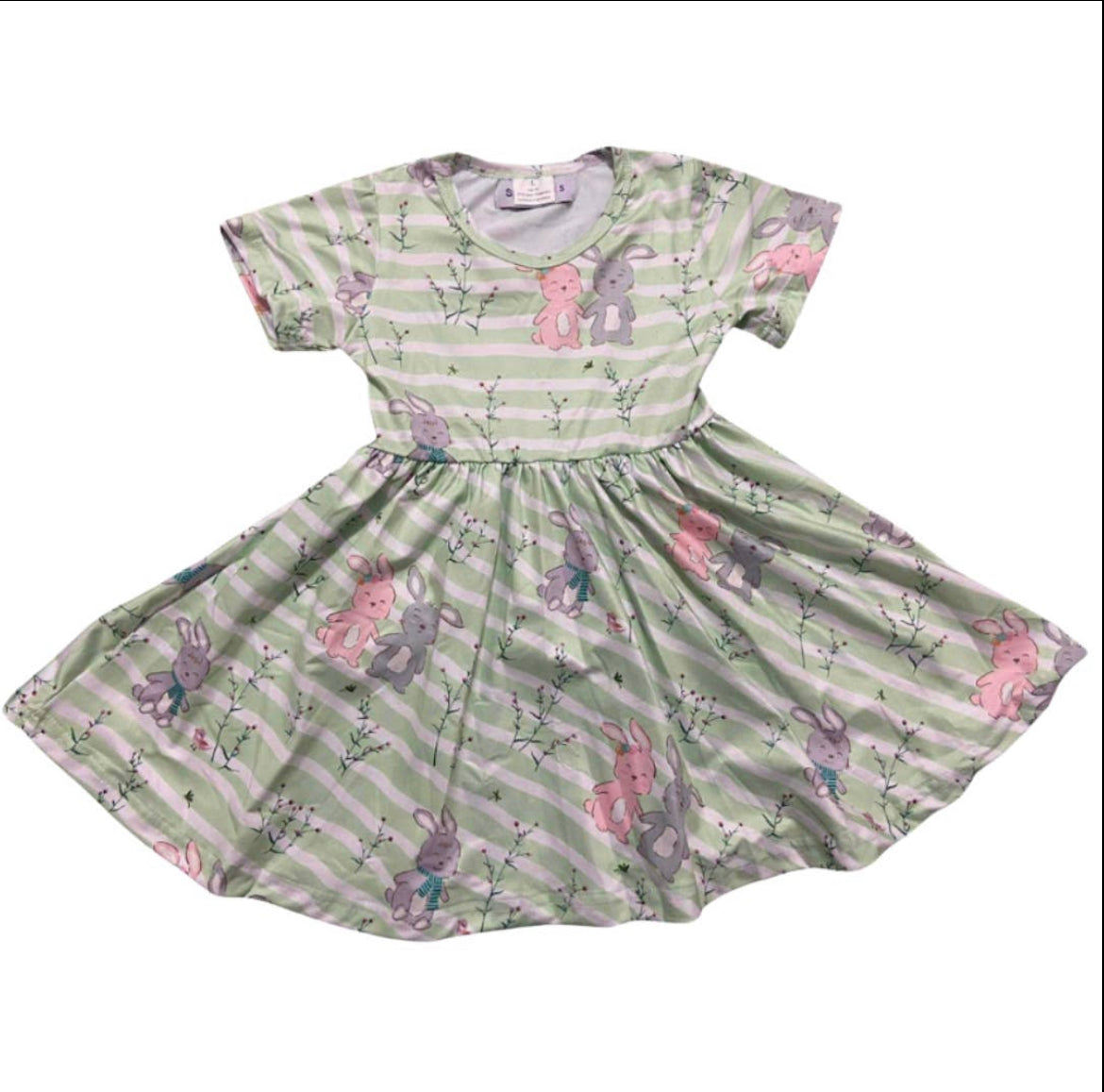 Cute Bunnies on Sage Twirly Dress