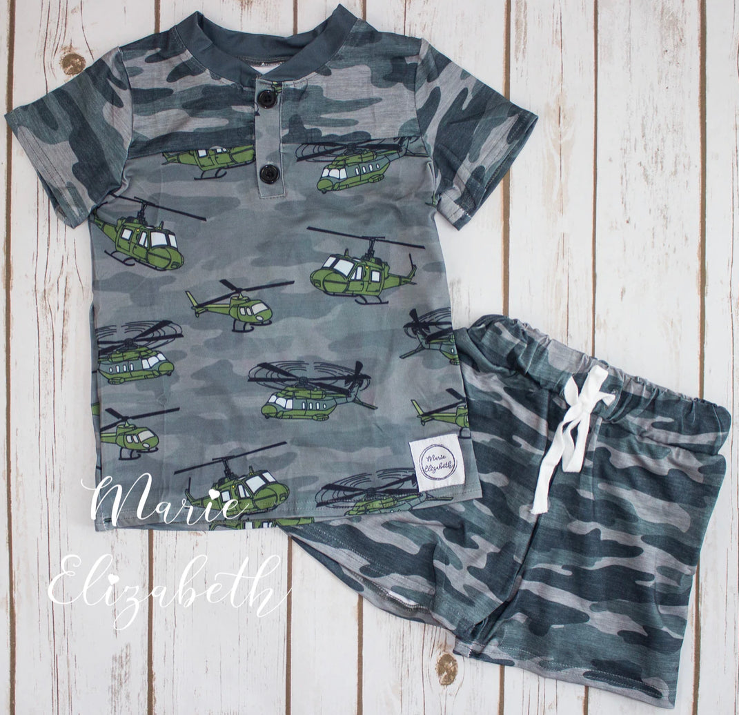 Helicopter and camo boy’s Tee and shorts